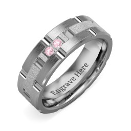 Men's Two Stone Grooved and Brushed Ring with Textured Inlay in Tungsten with Pink Tourmaline