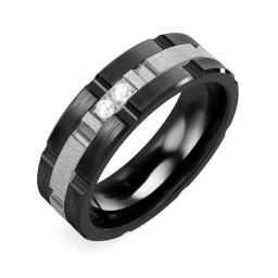 Men's Two Stone Grooved and Brushed Ring with Textured Inlay in Ceramic with Cubic Zirconia