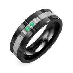 Men's Two Stone Grooved and Brushed Ring with Textured Inlay in Ceramic with Emerald