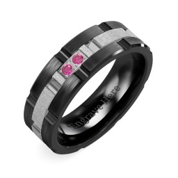 Men's Two Stone Grooved and Brushed Ring with Textured Inlay in Ceramic with Ruby