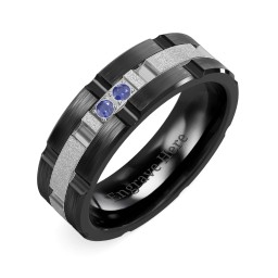 Men's Two Stone Grooved and Brushed Ring with Textured Inlay in Ceramic with Blue Sapphire