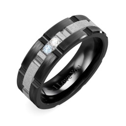 Men's Two Stone Grooved and Brushed Ring with Textured Inlay in Ceramic with Blue Topaz and Cubic Zirconia