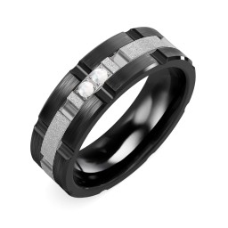 Men's Two Stone Grooved and Brushed Ring with Textured Inlay in Ceramic with Opal