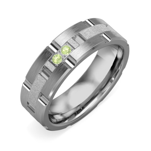 Men's Two Stone Grooved and Brushed Ring with Textured Inlay – Tungsten with Peridot