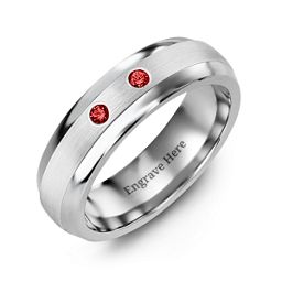 Men's Two Gemstone Dome Ring with Brushed Inlay in Tungsten with Garnet