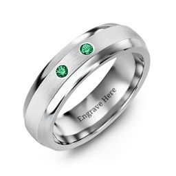 Men's Two Gemstone Dome Ring with Brushed Inlay in Tungsten with Emerald