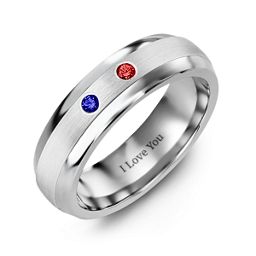 Men's Two Gemstone Dome Ring with Brushed Inlay in Tungsten with Blue Sapphire and Garnet