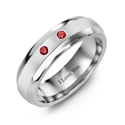 Men's Two Gemstone Dome Ring with Brushed Inlay – Tungsten with Garnet