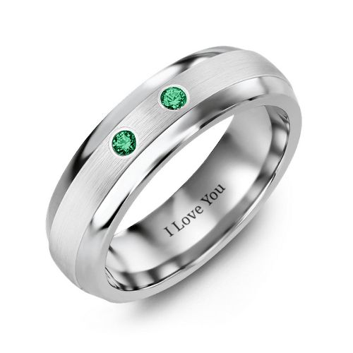 Men's Two Gemstone Dome Ring with Brushed Inlay – Tungsten with Emerald