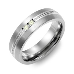 Men's 2-Stone Rope Dome Ring With Brushed Inlay in Tungsten with Peridot