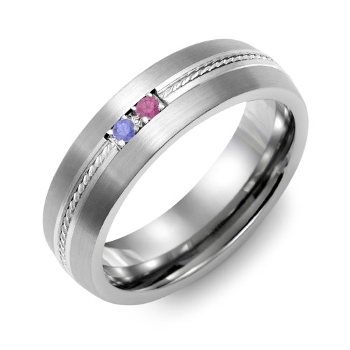 Men's 2-Stone Rope Dome Ring With Brushed Inlay – Tungsten with Blue Sapphire and Ruby
