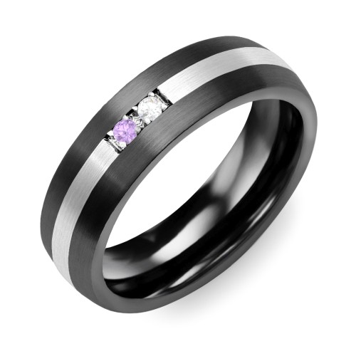 Men's 2-Stone Dome Ring With Brushed Inlay – Ceramic with Amethyst and Cubic Zirconia