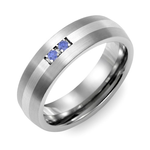 Men's 2-Stone Dome Ring With Brushed Inlay – Tungsten with Blue Sapphire