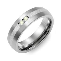 Men's 2-Stone Dome Ring With Sandblasted Inlay in Tungsten with Peridot