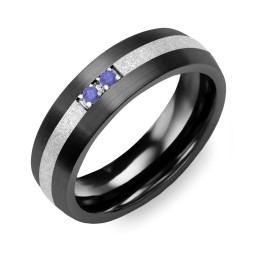 Men's 2-Stone Dome Ring With Sandblasted Inlay in Ceramic with Blue Sapphire and Fancy Blue Premium Zirconia