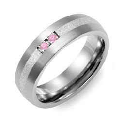 Men's 2-Stone Dome Ring With Sandblasted Inlay in Tungsten with Pink Tourmaline