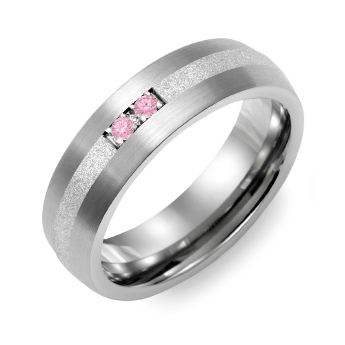 Men's 2-Stone Dome Ring With Sandblasted Inlay – Tungsten with Pink Tourmaline