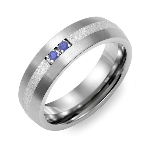 Men's 2-Stone Dome Ring With Sandblasted Inlay – Tungsten with Blue Sapphire
