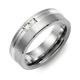Men's 2-Stone Brushed Ring With Off-Centre Carved Line Inlay in Tungsten with Peridot