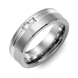 Men's 2-Stone Brushed Ring With Off-Centre Carved Line Inlay