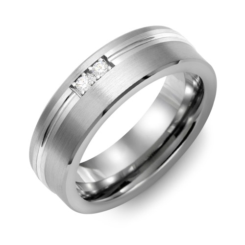 Men's 2-Stone Brushed Ring With Off-Centre Carved Line Inlay