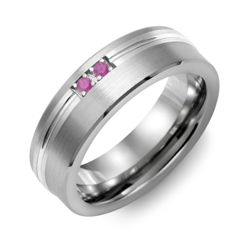 Men's 2-Stone Brushed Ring With Off-Centre Carved Line Inlay