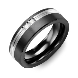 Men's 2-Stone Brushed Ring With Off-Centre Carved Line Inlay in Ceramic with Cubic Zirconia and White Premium Zirconia