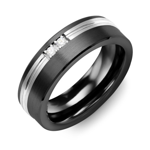 Men's 2-Stone Brushed Ring With Off-Centre Carved Line Inlay – Ceramic with Cubic Zirconia