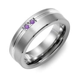 Men's 2-Stone Brushed Ring With Off-Centre Carved Line Inlay in Tungsten with Amethyst
