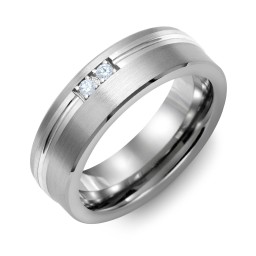 Men's 2-Stone Brushed Ring With Off-Centre Carved Line Inlay in Tungsten with Blue Topaz