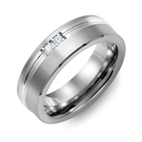 Men's 2-Stone Brushed Ring With Off-Centre Carved Line Inlay – Tungsten with Blue Topaz