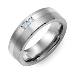 Men's 2-Stone Brushed Ring With Off-Centre Inlay in Tungsten with Aquamarine