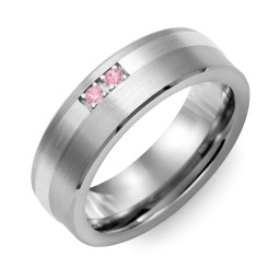 Men's 2-Stone Brushed Ring With Off-Centre Inlay in Tungsten with Pink Tourmaline
