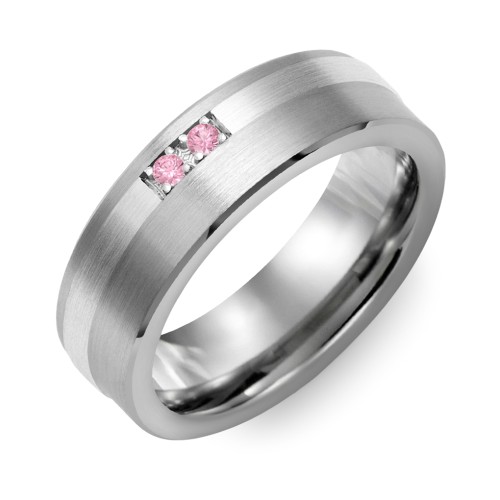 Men's 2-Stone Brushed Ring With Off-Centre Inlay – Tungsten with Pink Tourmaline