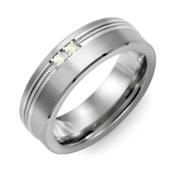 Men's 2-Stone Brushed Ring With Off-Centre Milgrain Inlay in Tungsten with Peridot
