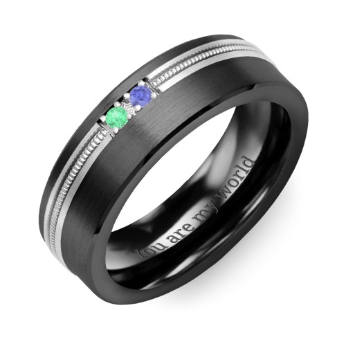 Men's 2-Stone Brushed Ring With Off-Centre Milgrain Inlay