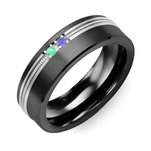 Men's 2-Stone Brushed Ring With Off-Centre Milgrain Inlay