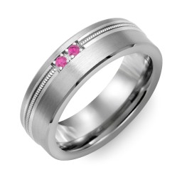 Men's 2-Stone Brushed Ring With Off-Centre Milgrain Inlay in Tungsten with Ruby