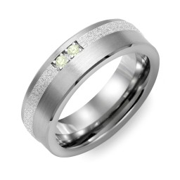 Men's 2-Stone Brushed Ring With Off-Centre Sandblasted Inlay in Tungsten with Peridot