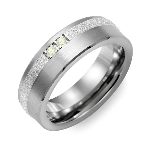 Men's 2-Stone Brushed Ring With Off-Centre Sandblasted Inlay – Tungsten with Peridot