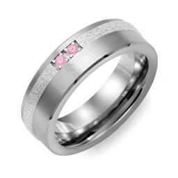 Men's 2-Stone Brushed Ring With Off-Centre Sandblasted Inlay in Tungsten with Pink Tourmaline
