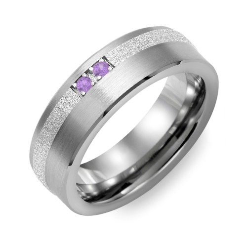 Men's 2-Stone Brushed Ring With Off-Centre Sandblasted Inlay – Tungsten with Amethyst