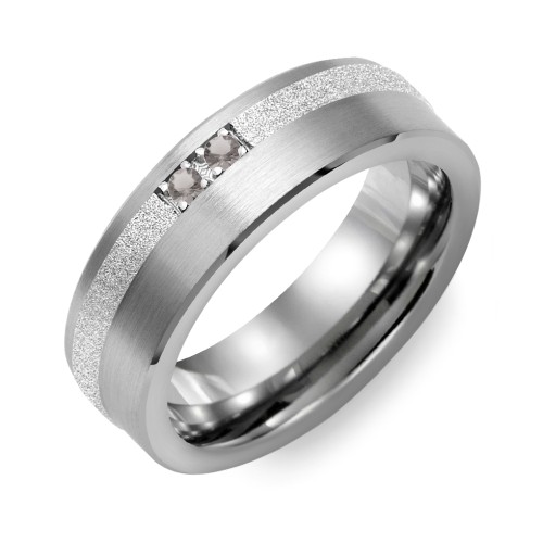 Men's 2-Stone Brushed Ring With Off-Centre Sandblasted Inlay – Tungsten with Smokey Quartz