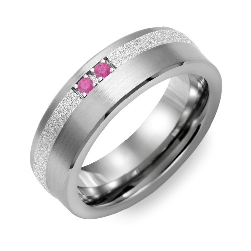 Men's 2-Stone Brushed Ring With Off-Centre Sandblasted Inlay – Tungsten with Ruby