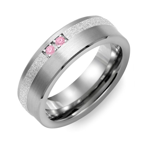 Men's 2-Stone Brushed Ring With Off-Centre Sandblasted Inlay – Tungsten with Pink Tourmaline