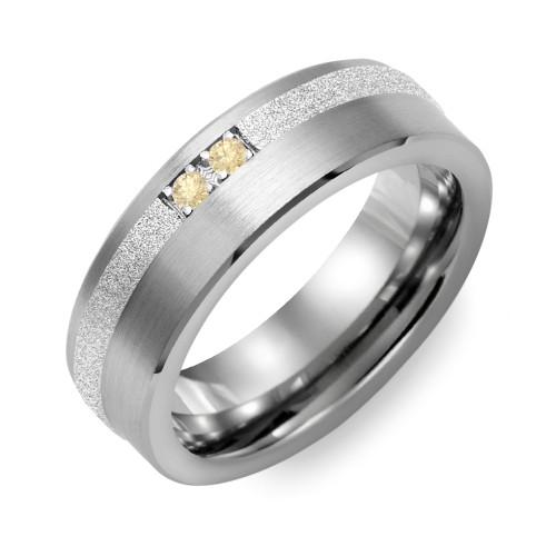 Men's 2-Stone Brushed Ring With Off-Centre Sandblasted Inlay – Tungsten with Citrine