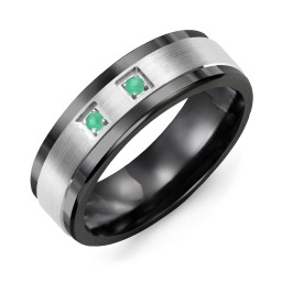 Men's 2-Stone Brushed Ring With Inlay in Ceramic with Emerald