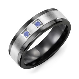 Men's 2-Stone Brushed Ring With Inlay in Ceramic with Blue Sapphire