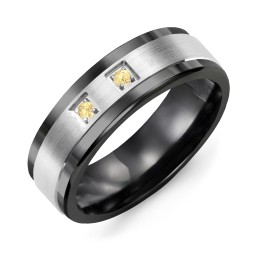 Men's 2-Stone Brushed Ring With Inlay in Ceramic with Citrine