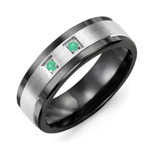 Men's 2-Stone Brushed Ring With Inlay – Ceramic with Emerald